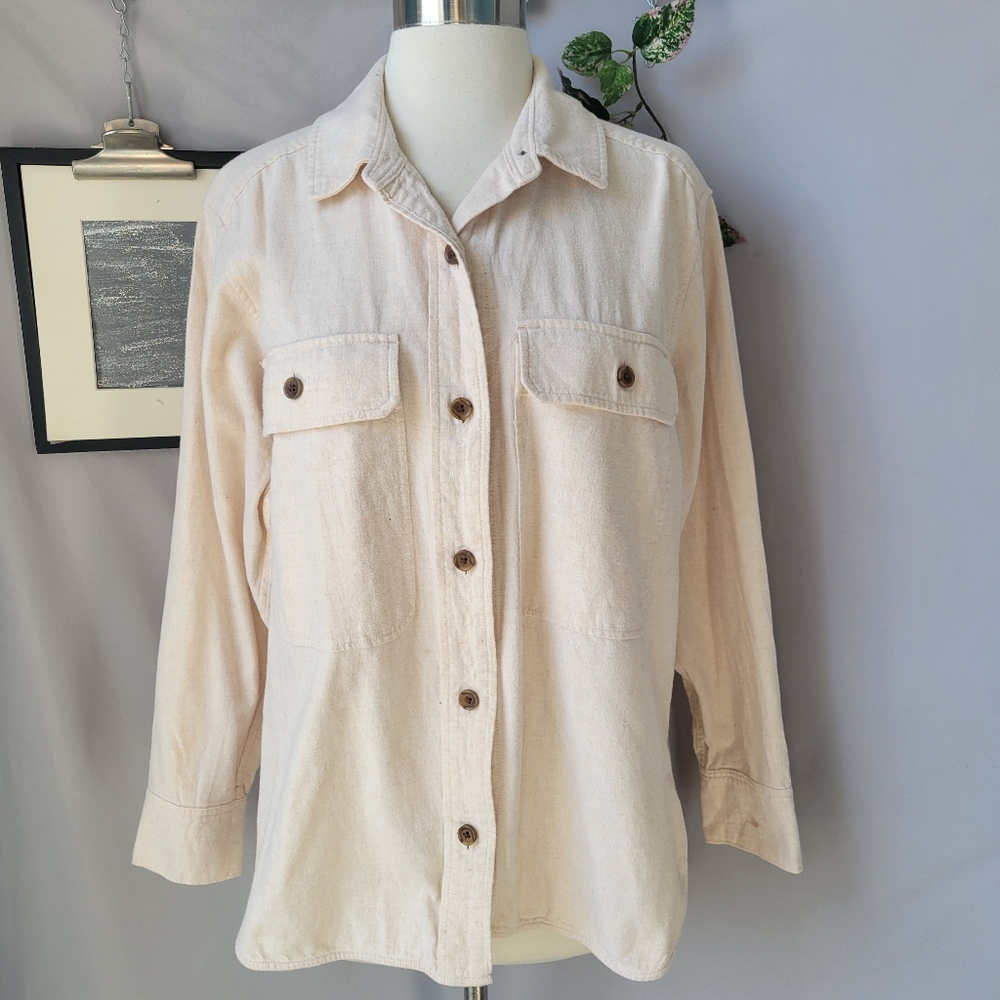 Everlane Organic Cotton Flannel Button Down Overshirt Beige M